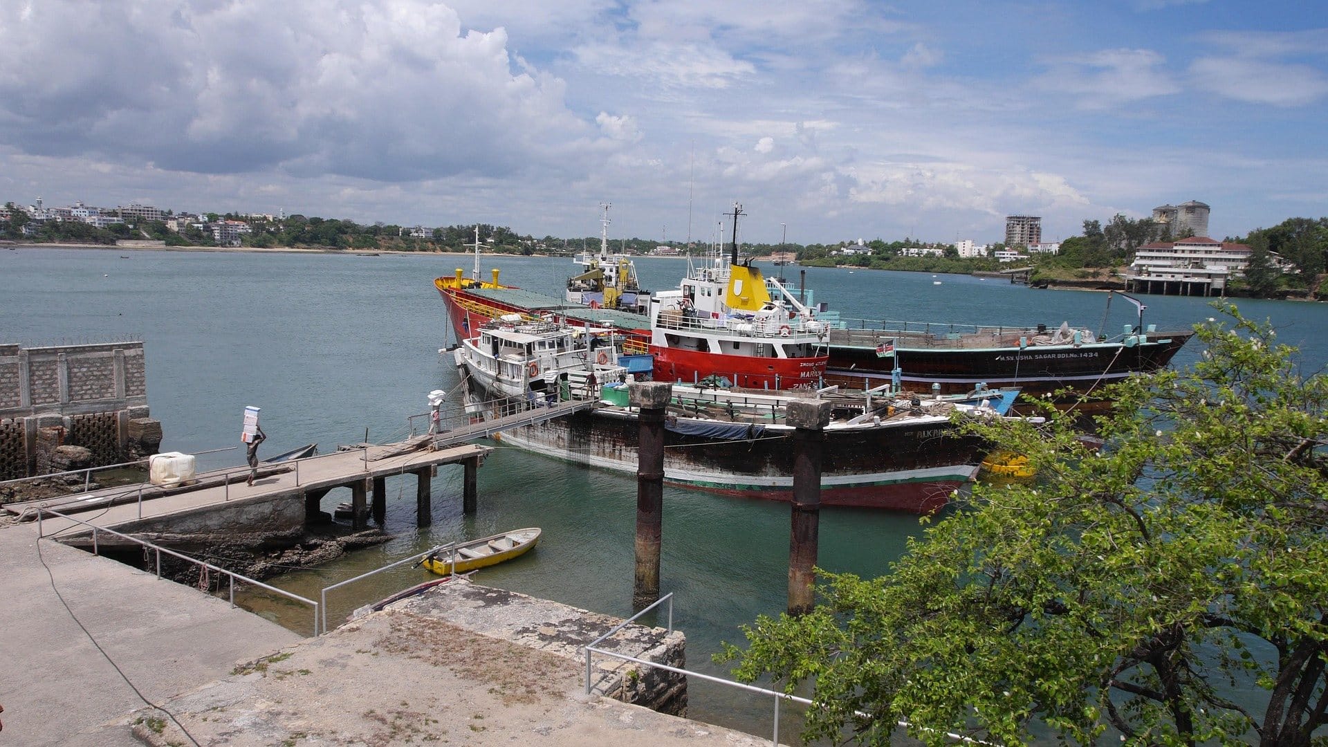 Mombasa old port harbor view with dhows